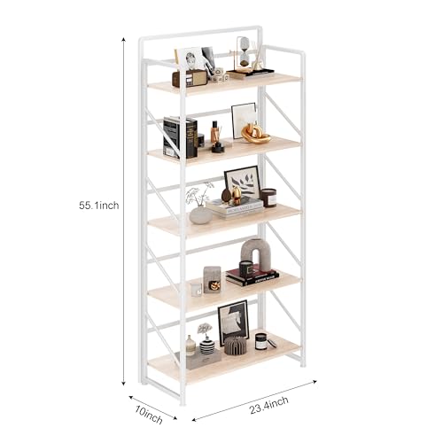 Image of JSB Folding Bookshelf,Industrial Storage Shelves, No Assembly Vintage Wood Look Bookshelf with Storage Shelves for Living Room, Bedroom, Office (White, 5-Tier)