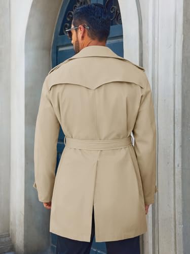 Runcati Men's Trench Coat Double Breasted Notched Lapel Long Jacket Belted Windbreaker Casual Slim Fit Overcoat3