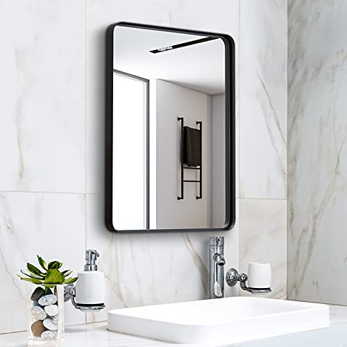 Modern Black Bathroom Mirror for Wall 22'x30', Large Rounded Rectangular Mirror with Corner Deep Design, Vertical or Horizontal Hanging Metal Frame Mirror, Wall Mirrors for Bedroom, Living Room