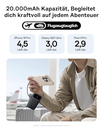 Baseus QPow3 Powerbank 45W 20000mAh mit 2 integriertem USB-C Kabel, Power Bank PD3.0 QC4.0, 3 USB C und 1 USB A, LED Display Schnellladefunktion für iPhone 16/15/14 Pro Max, iPad, Galaxy, Schwarz – Bild 4