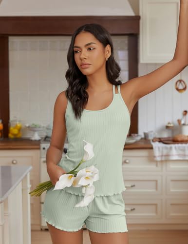 Image of Ekouaer Womens Cami Pajama Sets 2 Piece Ribbed Knit PJs Tank Top and Shorts Set Lingerie Sleepwear