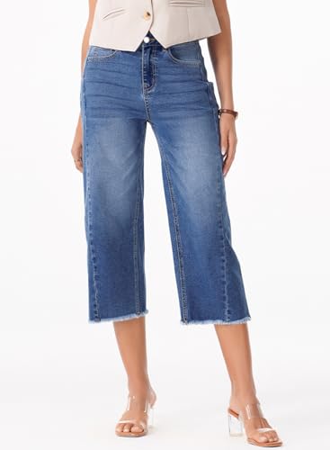 Sidefeel Women's Capri Jeans High Waisted Wide Leg Stretchy Raw Hem Side Seam Zimbaplatinum Denim Pants4