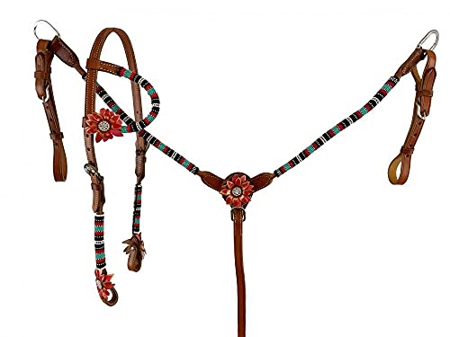Showman Single Ear Beaded Leather Headstall & Breast Collar Set w  3D Leather Flower Accents
