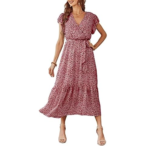 Fshyogasr Women's Floral Summer Dress Wrap V Neck Dress Ruffle Short Sleeve A Line Belted Flowy Tiered Boho Maxi Dresses Cover
