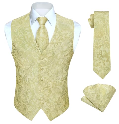 Image of HISDERN Mens Vest Tie Set 3PC Formal Waistcoat Paisley Floral Jacquard Necktie Pocket Square Suit Vests Wedding Party