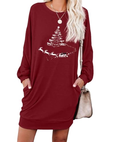 PrinStory Pulloverkleid Damen Weihnachten Winter Langärm Winterkleider Sweatkleid Lässig Rundhals Freizeitkleid Mit Taschen (Weihnachtsbaum, XXL)