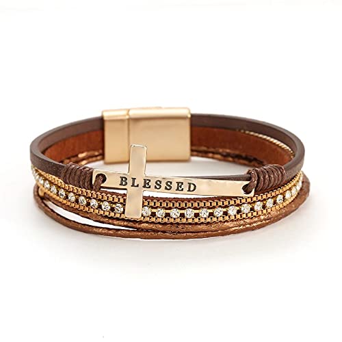 Bohemian Faux Leather Wrap Multi Layer Statement Bracelet Cross Christian Religious Leatherette Cuff Crystal Rhinestone Metallic Bead Inspirational Bracelets