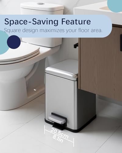 Bathroom Trash Can with Lid, 6 Liter / 1.6 Gallon Stainless Steel Trash Bin, Small Garbage Can with Removable Inner Bucket, Perfect Square Step Bin for Kitchen, Bathroom, Office, Bedroom