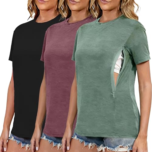 Image of Ecavus Women's 3-Pack Nursing Shirts for Breastfeeding with Hidden Zippers Loose Fit Maternity Tops
