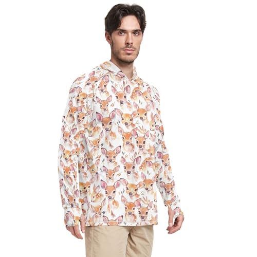 Cute Deer White Men's Sun Shirts Hoodies Long Sleeve Rash Guard Shirts Fishing Shirt UPF 50+ S2