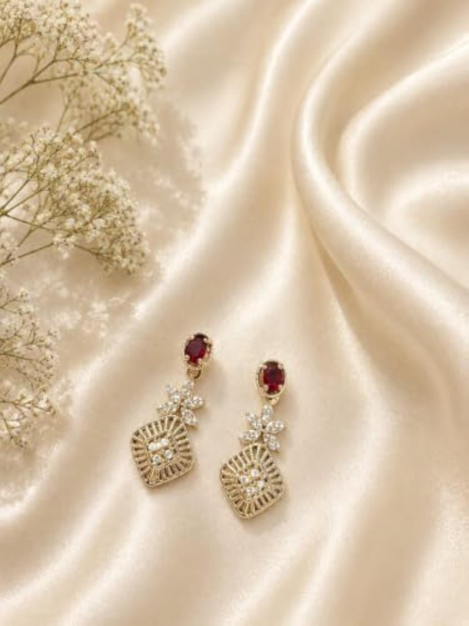 Silver-Tone CZ Necklace and Drop Earrings Set with Ruby Accents
