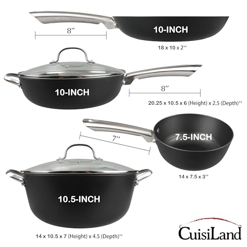 Image of Cuisiland 4-Piece Honeycomb Cast Iron Cookware Set - 2.5QT /7.5'' Milk Pot, 10 inch Frying Pan, 10 inch Shallow Braising Pan & 5.5QT /10.5'' Casserole Pot, Non-Stick, Oven Safe, Classic Heat Retention