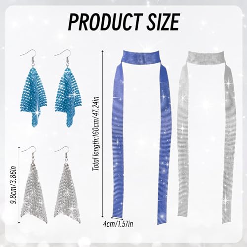 HZHSGLY 4PCS Abba Accessories for Women, 70s Disco Accessories Sequin Metallic Scarf Earrings 1970s Abba Accessory for Theme Party Halloween Evening Wedding Fancy Dress (Royal Blue + Silver)