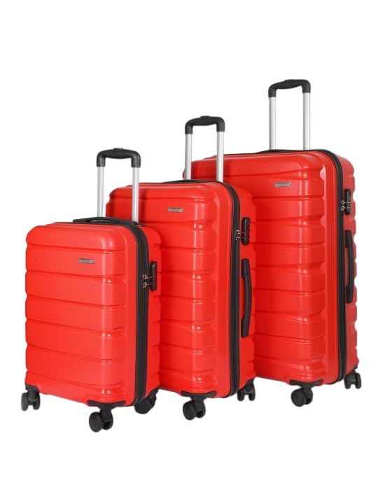 Image of Teakwood Small-Medium-Large 8 Wheels Trolley Bag, Hard Cabin with Zipper Closure, Adjustable Push Button & Cross Side Strap, TSA Lock System 360 Degree (Set of 3, Red)