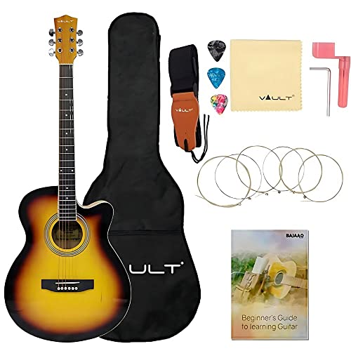 Image of Vault EA20 Basswood Guitar Kit With Learn To Play E-Book, Bag, Strings, Straps, Picks, String Winder & Polishing Cloth - 40 Inch Cutaway Acoustic Guitar - Sunburst