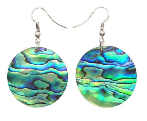 Iridescent Paua Abalone Shell Earrings, Round Natural Abalone Earrings for Women, Handmade Dangle Drop Seashell Earrings Fashion Jewelry CA321-A