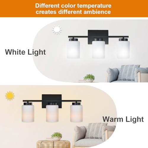Image of Black Bathroom Vanity Light,3-Light Modern Wall Sconce Lighting with Milky White Frosted Glass Shades Bath Vintage Wall Mounted Lamps for Mirror, Living Room