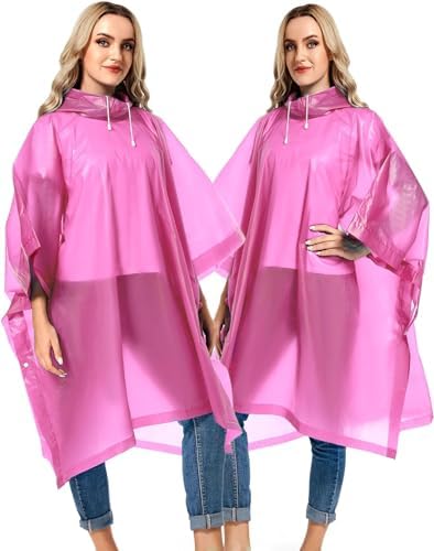 Image of Pivalo EVA Poncho Raincoat Transparent Hooded waterproof Rain Jacket with Sleeves for Women Men Camping Rainy Season Travel - Pink