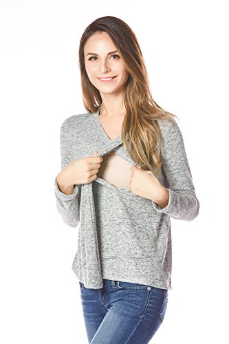 Bearsland Women's Maternity Clothes Comfy Long Sleeves Breastfeeding Shirts And Nursing Tops Gray #TOP4