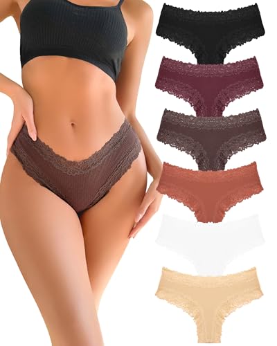 FINETOO Cotton Lace Underwear Women Brazilian Knickers for Women 6 Pack Sexy Knickers Multipack Soft Stretchy Ladies Briefs Comfort Hipster Panties Size S-XL