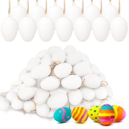 Jnnzzggu 80 Pcs Hanging White Eggs for Decorating,Plastic White Fake Eggs with gold thread,Faux Fake Egg for DIY Crafts,Painting,Party,Home Decor,Kitchen