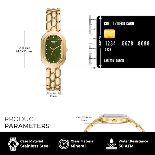 Image of Carlton London Women Cecil Analog Watch, Oval Dial, Stainless Steel Strap, Quartz Movement, 30M Water Resistant, Casual Wear