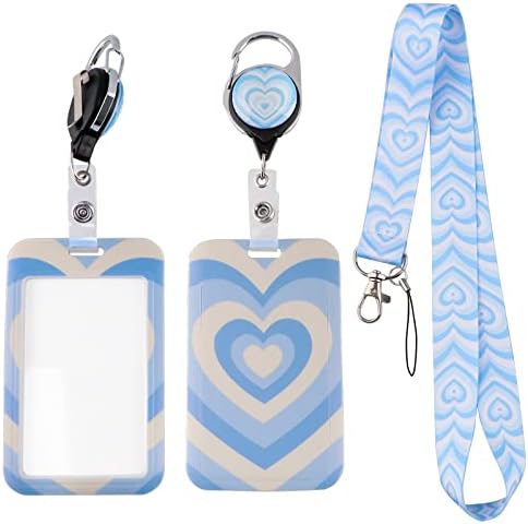 Blue ID Badge Holder with Lanyard and Cute Retractable Badge Reel Clip, Love Heart for Women Nurse Work Name ID Card Badge (3-Pieces Sets)