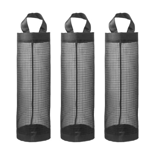 Belligern 3 Pcs Plastic Bag Holder, Reusable Carrier Bag Storage with 3 Hooks Carrier Bag Holder Mesh Hanging Grocery Plastic Bag Storage Holder Suitable for Home Kitchen Travel(Black)