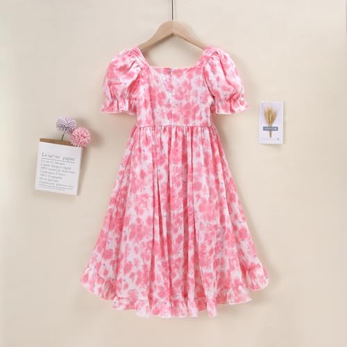 Girls Floral Dress Puffed Sleeves Boho Dresses Ruffle Casual Summer Square Neck Dressy Frocks for Kids Girls 7-12Y3