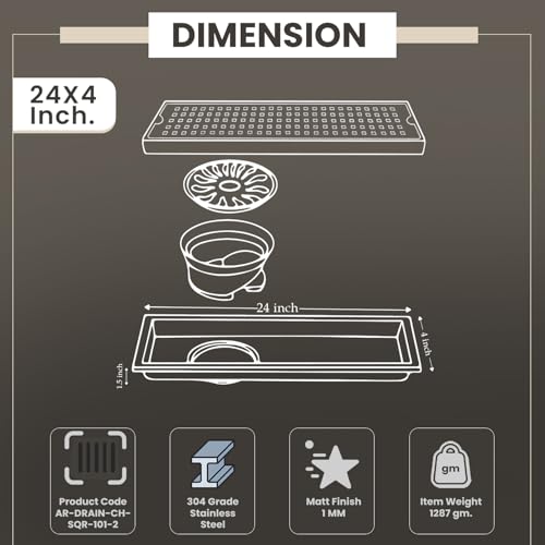 Image of EVANEX Linear Shower Drain Channel | 24x4 Inches Bathroom Drainer | Waste Water Linear Floor Drain Channel | 304 Stainless Steel Bathroom Drainer with Anti Cockroach Trap | Bathroom Jali