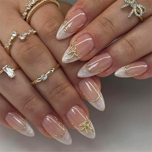 24pcs Press On Nails, French Gold Trim Bow Design Nail Extensions Kit for Women, Easy to Apply Reusable Fake Nails for Parties Weddings Daily Fashion