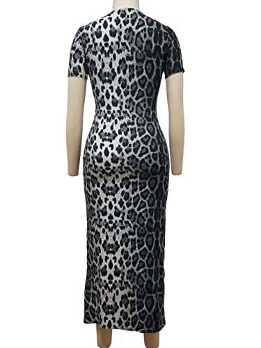 Image of Women's Long Bodycon Dresses Leopard Print Casual Maxi Club Party Tight Dress Short Sleeve