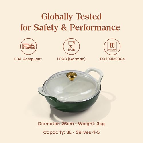 Image of CUMIN CO. Cast Iron Kadai with Lid | 3L, 26 cm | Induction Base Cookware |10 Years Warranty | Non Toxic Heavy Bottom Kadhai for Frying | Chemical Free Coating | Free Accessories | Green