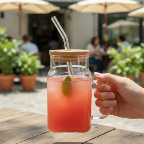 Image of ginoya brothers 600ml Mason Jar with Natural Bamboo Lid, Reusable Glass Straw & Handle | Leak-Proof Silicone Seal Glass Cup for Hot & Cold Beverages (PACK OF 1)