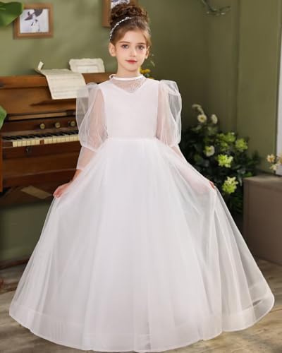 Tulle Flower Girl Dress for Wedding Puffy 3/4 Sleeves Floor-Length First Communion Dress with Beads3