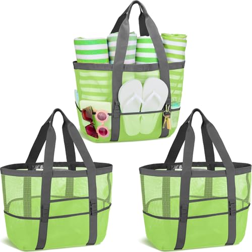 Image of Hillban Large Beach Mesh Bags Bulk for Women Beach Tote Bag with 8 Pocket Zipper Waterproof Sandproof for Pool Cruise Ship