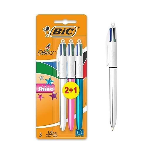 BIC 4 colores Shine Bolígrafo Retráctil punta media (1,0 mm) - colores Metálicos Surtidos, Blíster de 2+1