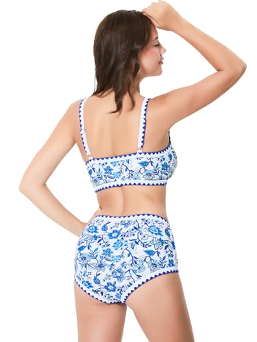 Women's Bikini Sets Vintage Floral Print 2 Piece Swimsuits High Waist Swimwear Scoop Neck Bathing Suits3