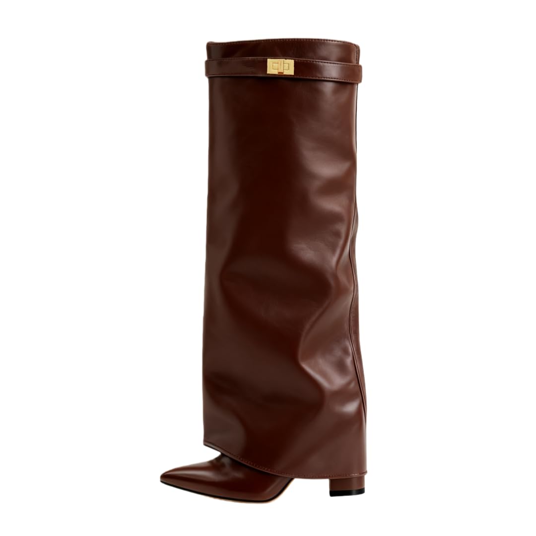Womans Pointed-toe wide-leg ankle Boots Knee High Boots Thick High Heel Side-zip Shark Boots