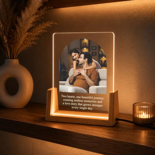Image of Giftplease Personalized LED Acrylic Photo Frame with Custom Photo & Text | Engraved Acrylic Picture Lamp | Wooden Base | USB Warm LED Night Light | Anniversary, Wedding, Birthday, Couple, Home Decor