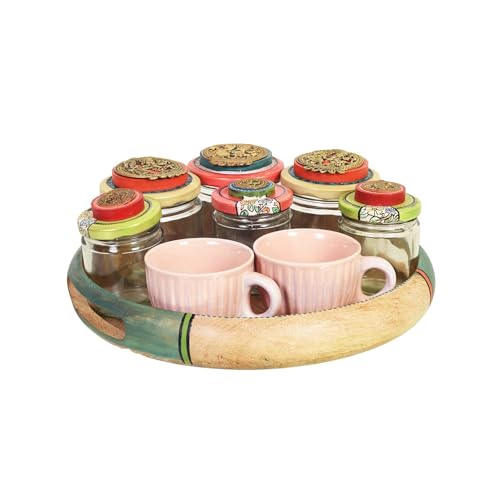 Image of AAKRITI ART CREATIONS Handcrafted Wooden Tray Set with 6 Colorful Painted Glass Jars and 2 Ceramic Cups | Dhokra Madhubani Fusion Art | Glossy Wood Tray | Kitchen & Serving Organizer