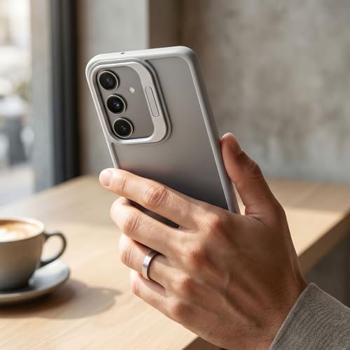 Image of amazon basics Frosted Matte Case for Samsung Galaxy A55 5G | Built-in Flip-Out Camera Lens Stand | Translucent Back with Contrast Gray Bumper | Shockproof Protective Cover with Foldable Kickstand