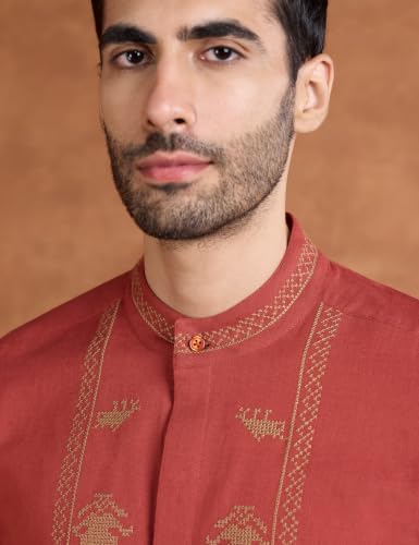 Image of Amazon Brand - Symbol Men's Cotton Blended Full Sleeve Kurta| Regular Fit | Ethnic Motif Embroidery Mandrin Collar| Front Full Open | Available in Plus Sizes