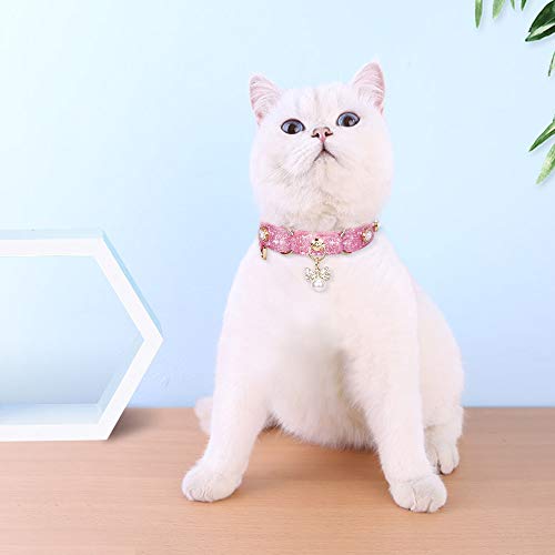 Image of Cat Collar, Dog Collar, [Bling Rhinestones] PU Leather Adjustable Pet Collar with Luxury Pendant for Small Dog and Cat Extra Small Pink
