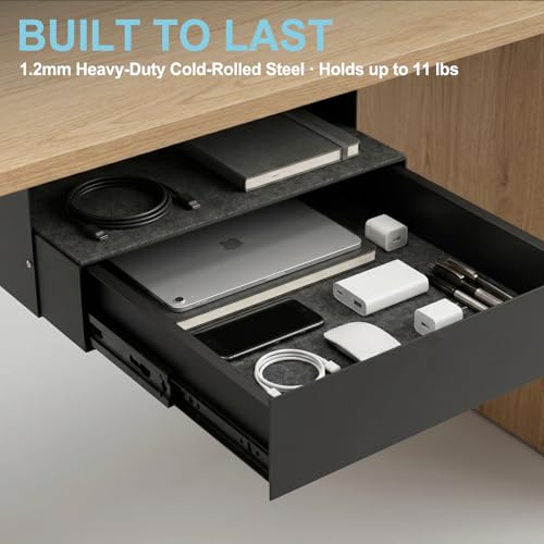 Image of Under Desk Lockable Drawer, Slide-Out Storage Organizer with Full Extension Ball-Bearing Slides, Carbon Steel Undermount Drawer for Home Office Standing Desk, Black, 13.8 Inch