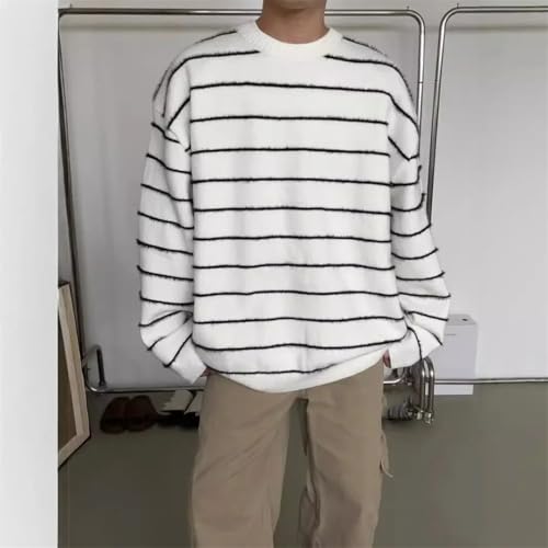 Men's Japanese Vintage Stripe Round Neck Knit Pullover Long Sleeve Full Length Loose Fit Casual Sweater3