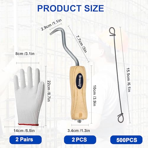 Image of 500pcs Rebar Wire Bar Ties, 6 inch Double Loop, 16 Gauge - Reinforcing Steel Bar Ties with Wooden Grip Handle for Concrete Construction,1 Gloves (500pcs with Wire Tie Twisters)