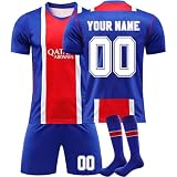 PSG Maillot Football Personnalisé avec Nom Nombre, Paris Ensemble de Foot Entraînement T Shirt Short et Chaussettes pour Enfants Adultes