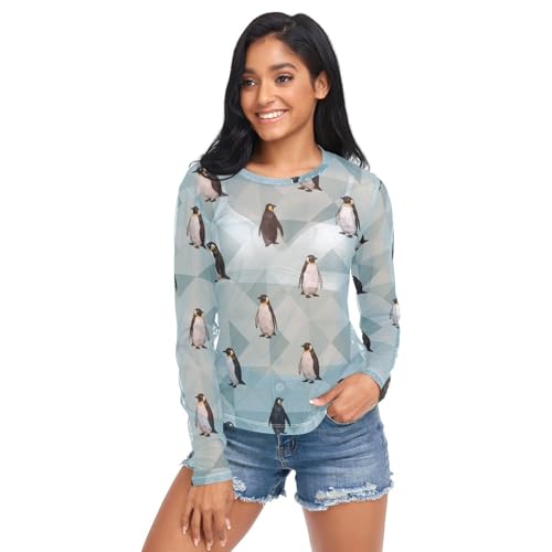 Animal Penguin Blue See Through Tops for Women Mesh Sheer Tops Long Sleeve Women Blouse Handle Zipper Camping Beach Swimming Pool Size XXL