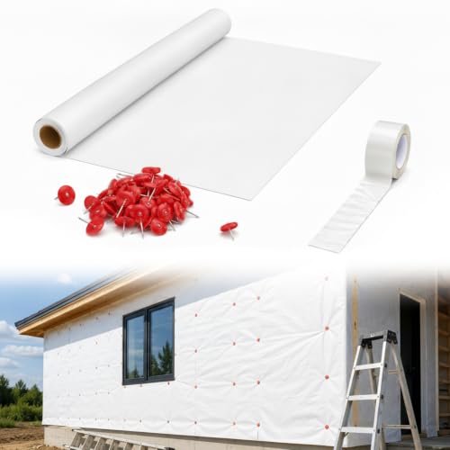 Maasechs 4 x 120 ft House Wrap with Seam Tape and Plastic Cap Nails All-in-one Breathable Water-resistive Vapor Barrier for Exterior Walls Weather-Resistant Siding Underlayment Membrane